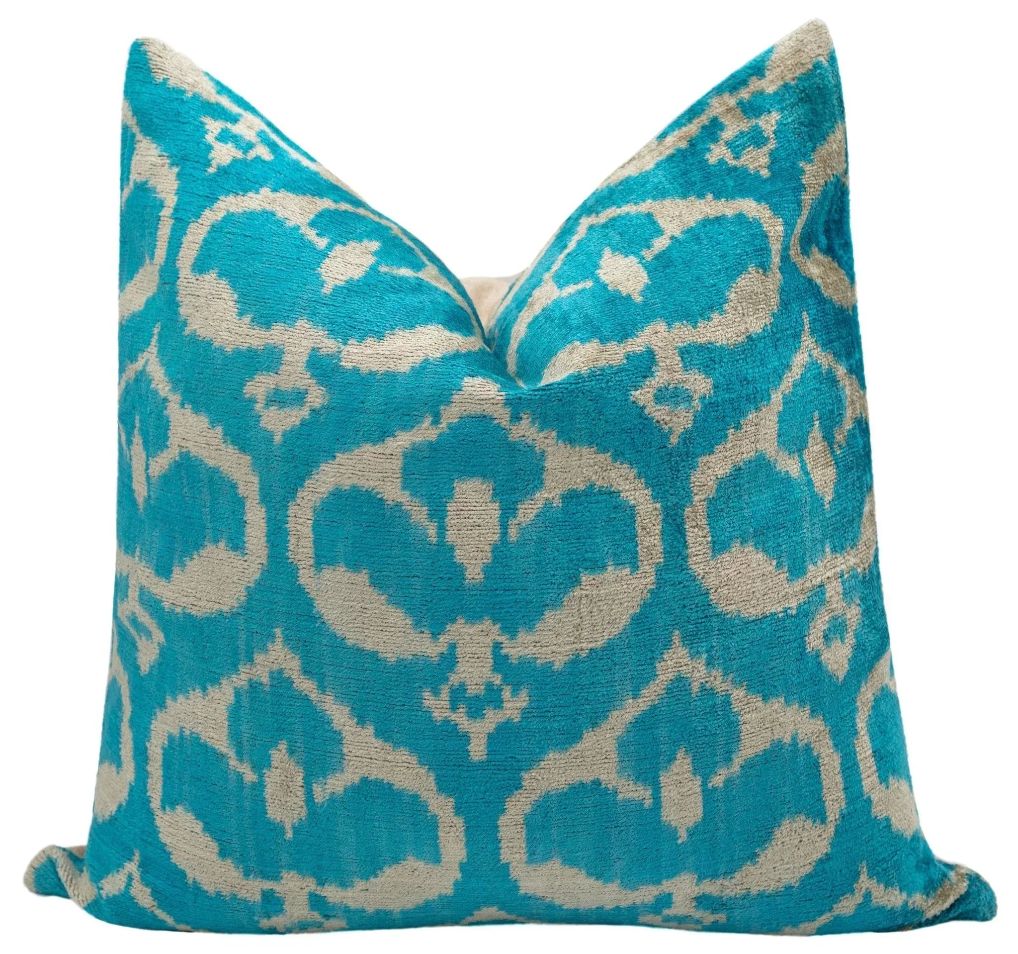 Handmade Velvet Throw Pillow with Turquoise and Beige Ikat Design - High-Quality 20x20 Inch Decorative Accent with Premium Down Feather Insert for Sofas, Couches, and Interior Design Canvello