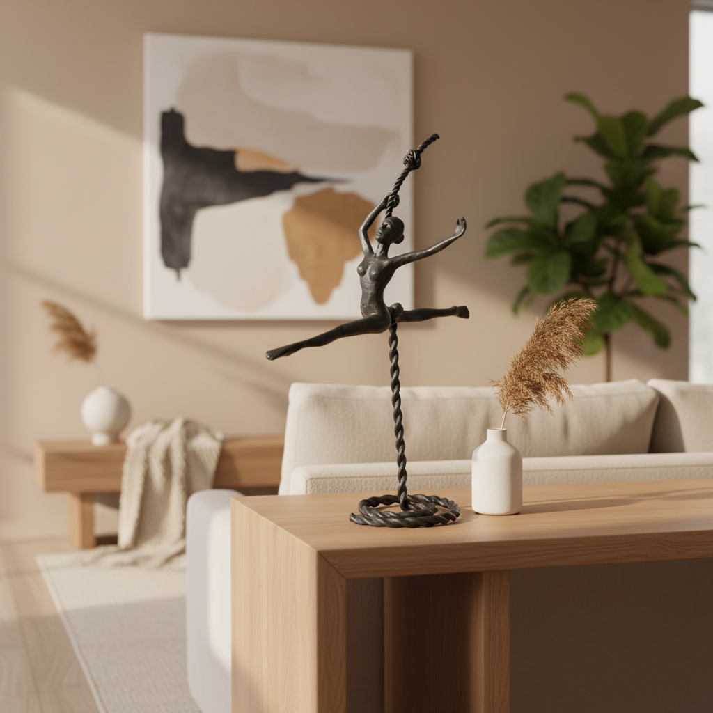 A dark metal sculpture of a dancer on a twisted stand, displayed on a light wood console table in a modern, sunlit living room.