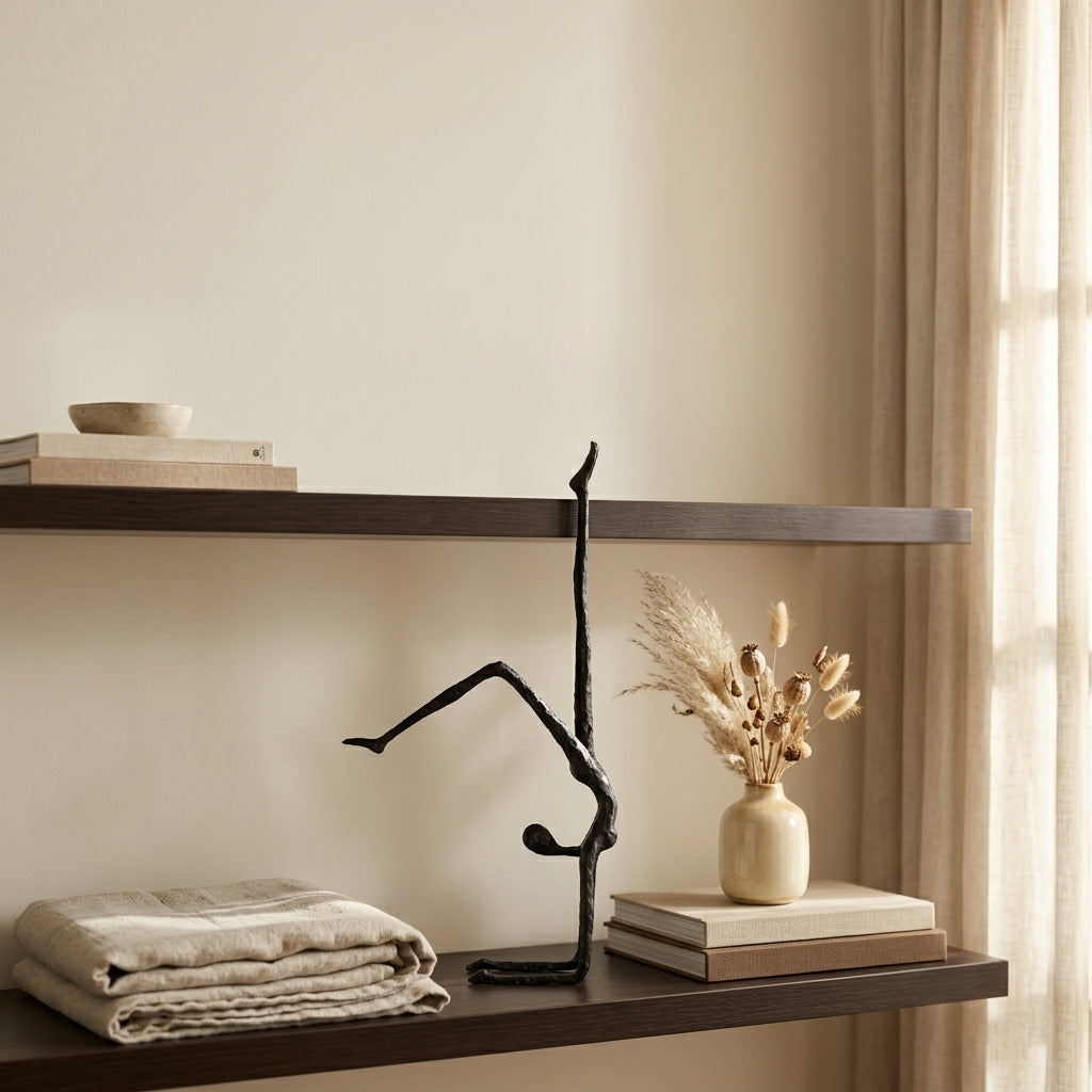 A minimalist black metal abstract sculpture of a dancer, styled on a dark floating shelf next to a small beige ceramic vase with dried grasses and stacked books.