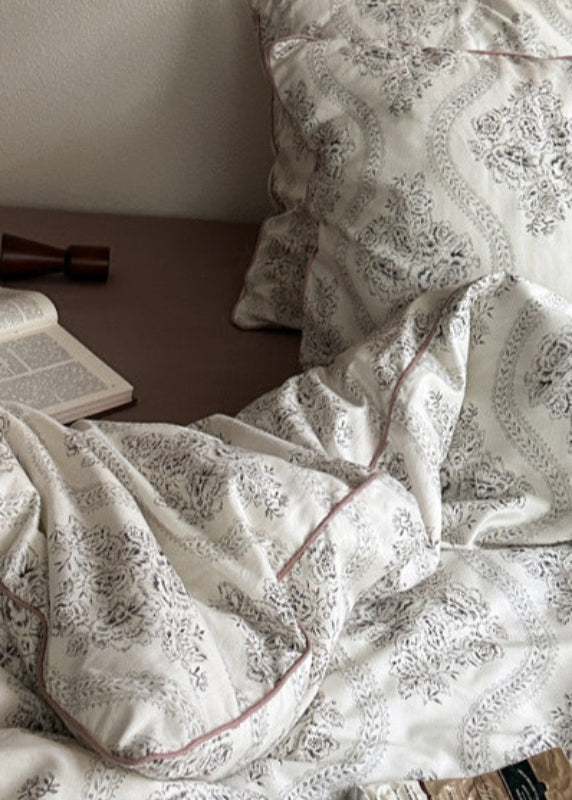 Hannah Vintage Floral Braids Cotton Bedding Set / White Ever Lasting