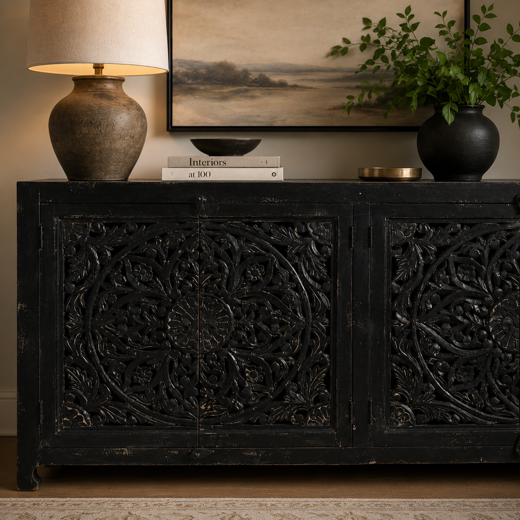 Hawk Black Hand carved 4 Door Buffet Sideboard