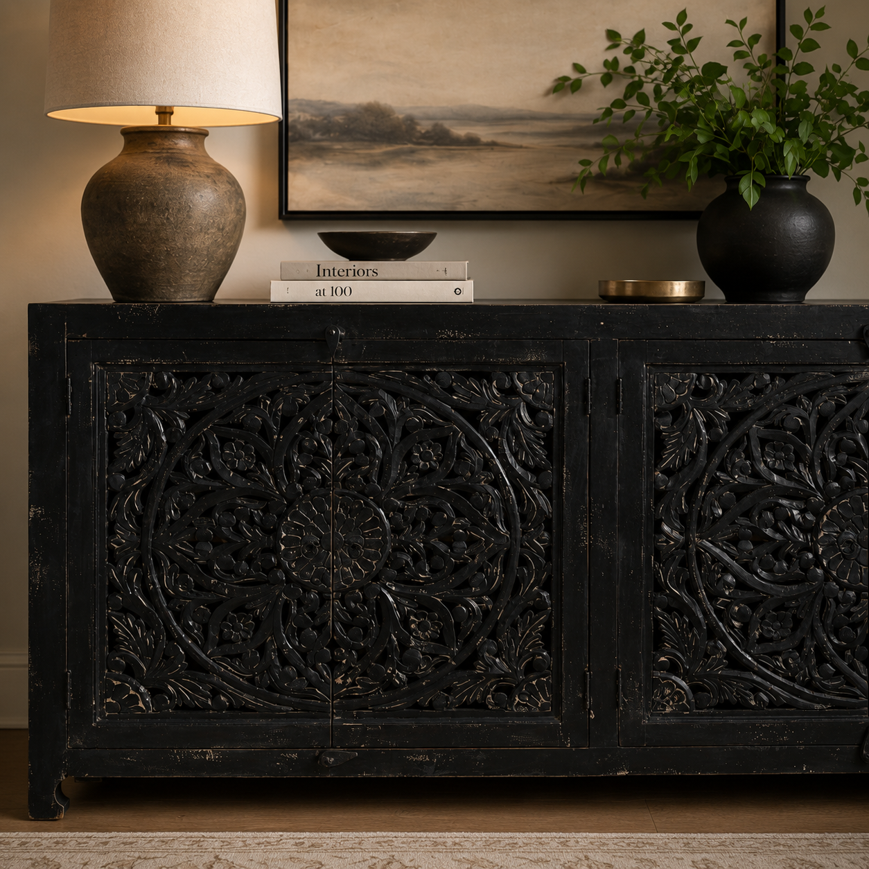 Hawk Black Hand carved 4 Door Buffet Sideboard