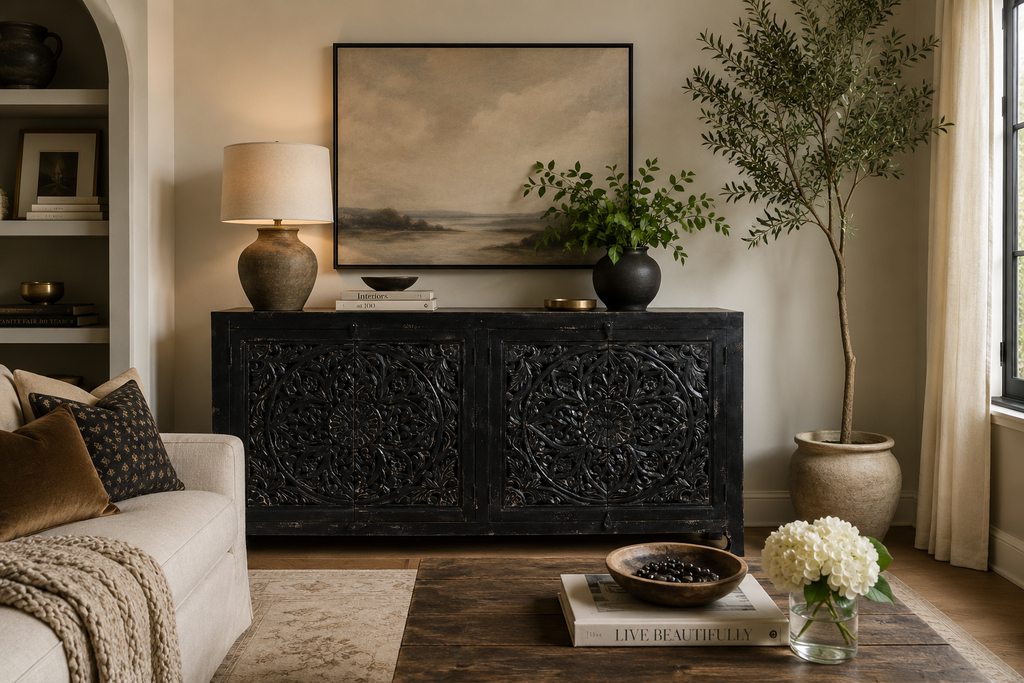 Hawk Black Hand carved 4 Door Buffet Sideboard