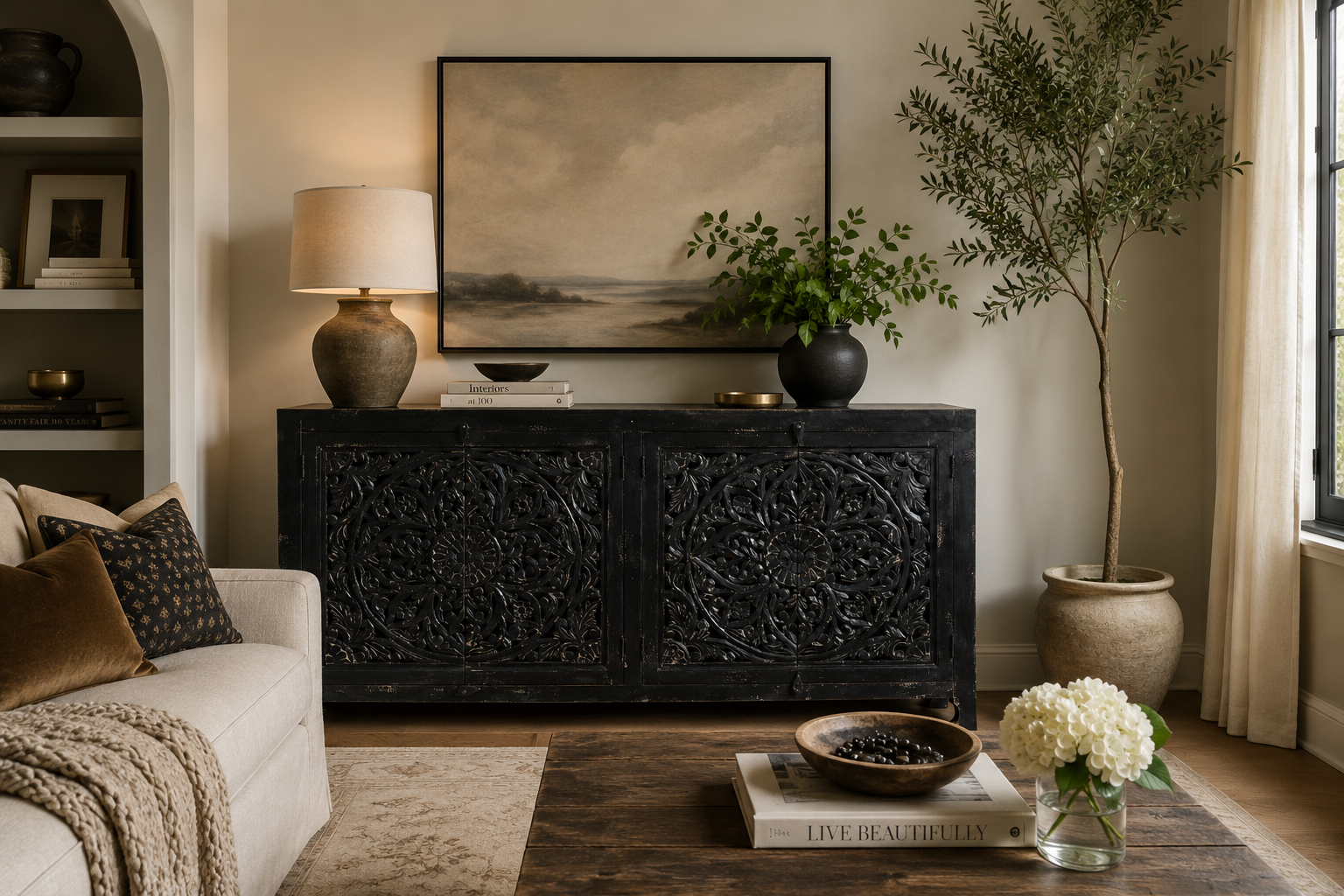 Hawk Black Hand carved 4 Door Buffet Sideboard
