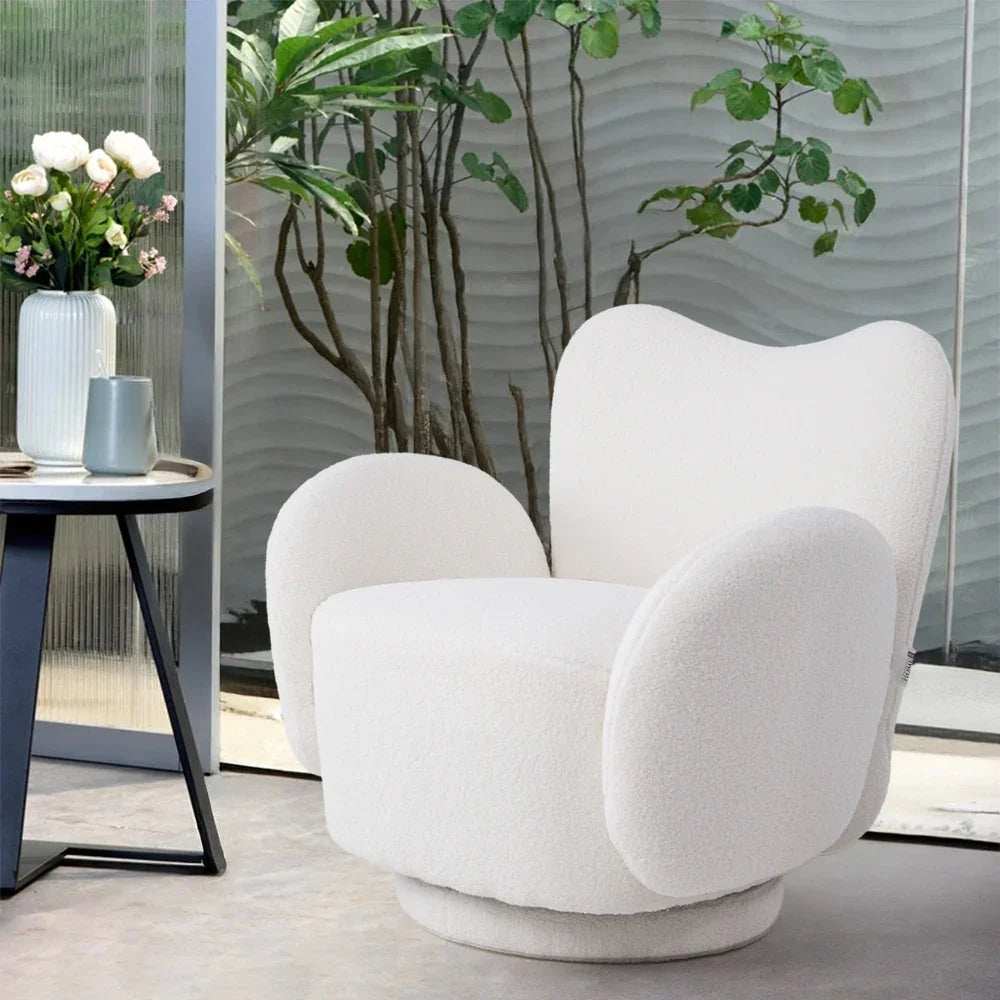 1pc 360° Swivel Plush Teddy Fabric Accent Chair, Sofas, Armchair, Swivel Chair- Heart-Shaped Back Rotating Lounge Chair with Removable Arms, Beige Reading Chair for Living Room Bedroom, Creamy White House Of Avana