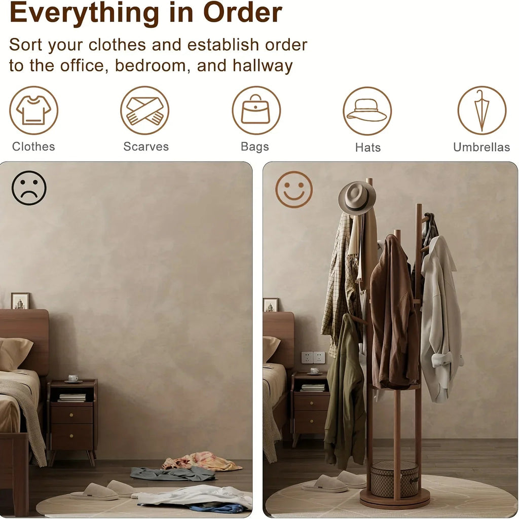 Heavy-Duty Freestanding Clothes Rack with 3-Tier Shelves & 9 Hooks - No Assembly Needed, Space-Saving Organizer Stand for Entryway, Bedroom, Office - Sturdy Hardwood Construction, Modern Minimalist Design for Coats, Hats, Bag House Of Avana [[SKU:HOA-STO-023]]
