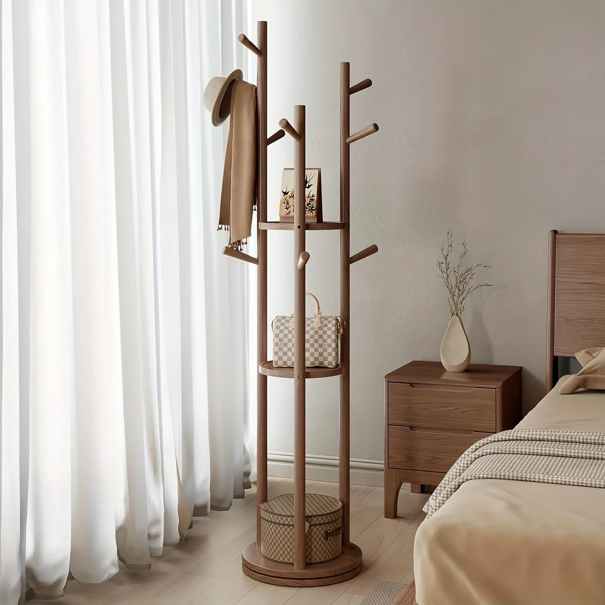 Heavy-Duty Freestanding Clothes Rack with 3-Tier Shelves & 9 Hooks - No Assembly Needed, Space-Saving Organizer Stand for Entryway, Bedroom, Office - Sturdy Hardwood Construction, Modern Minimalist Design for Coats, Hats, Bag House Of Avana [[SKU:HOA-STO-023]]