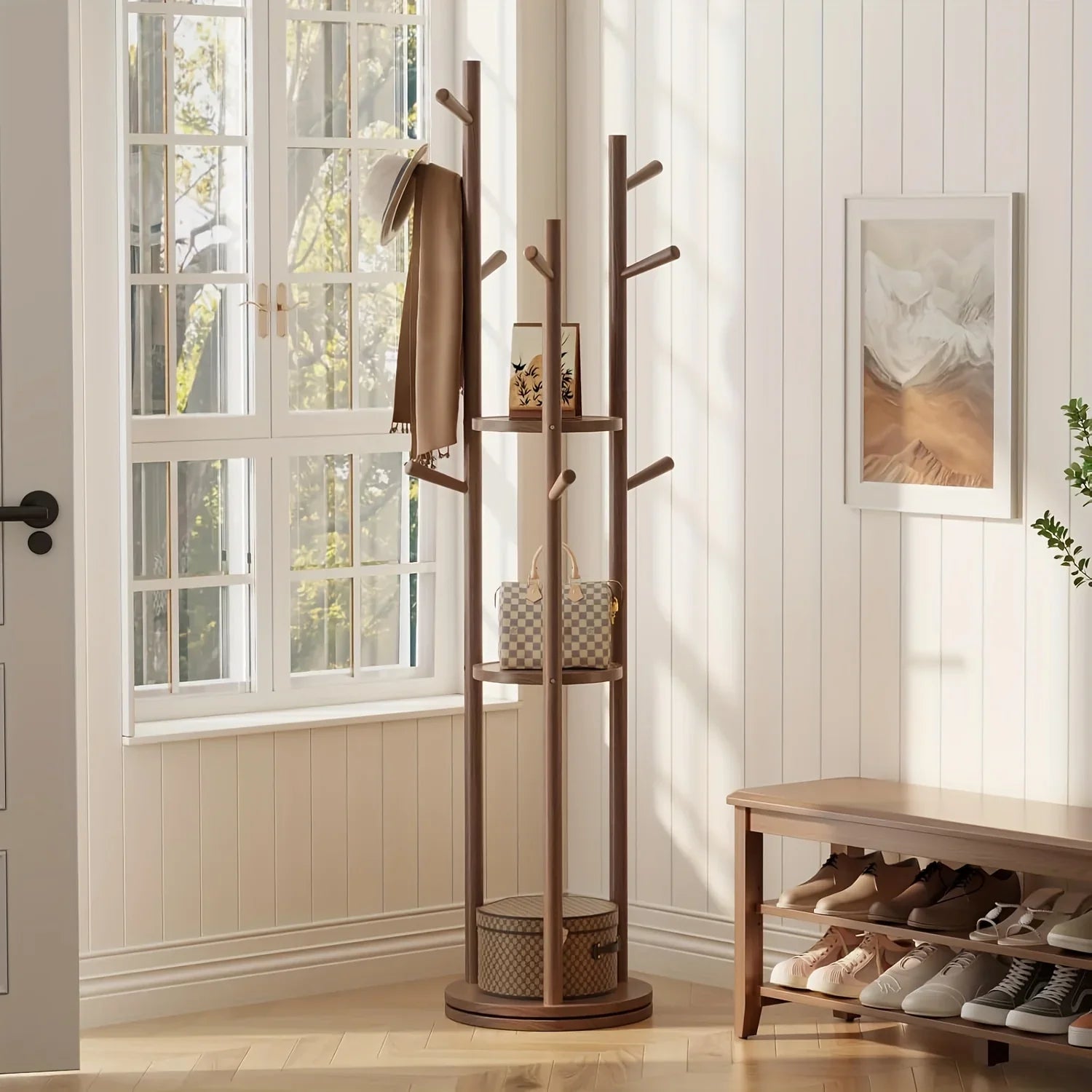 Heavy-Duty Freestanding Clothes Rack with 3-Tier Shelves & 9 Hooks - No Assembly Needed, Space-Saving Organizer Stand for Entryway, Bedroom, Office - Sturdy Hardwood Construction, Modern Minimalist Design for Coats, Hats, Bag House Of Avana