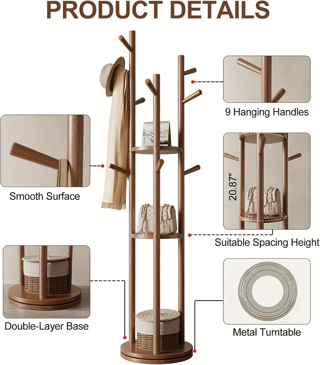 Heavy-Duty Freestanding Clothes Rack with 3-Tier Shelves & 9 Hooks - No Assembly Needed, Space-Saving Organizer Stand for Entryway, Bedroom, Office - Sturdy Hardwood Construction, Modern Minimalist Design for Coats, Hats, Bag House Of Avana