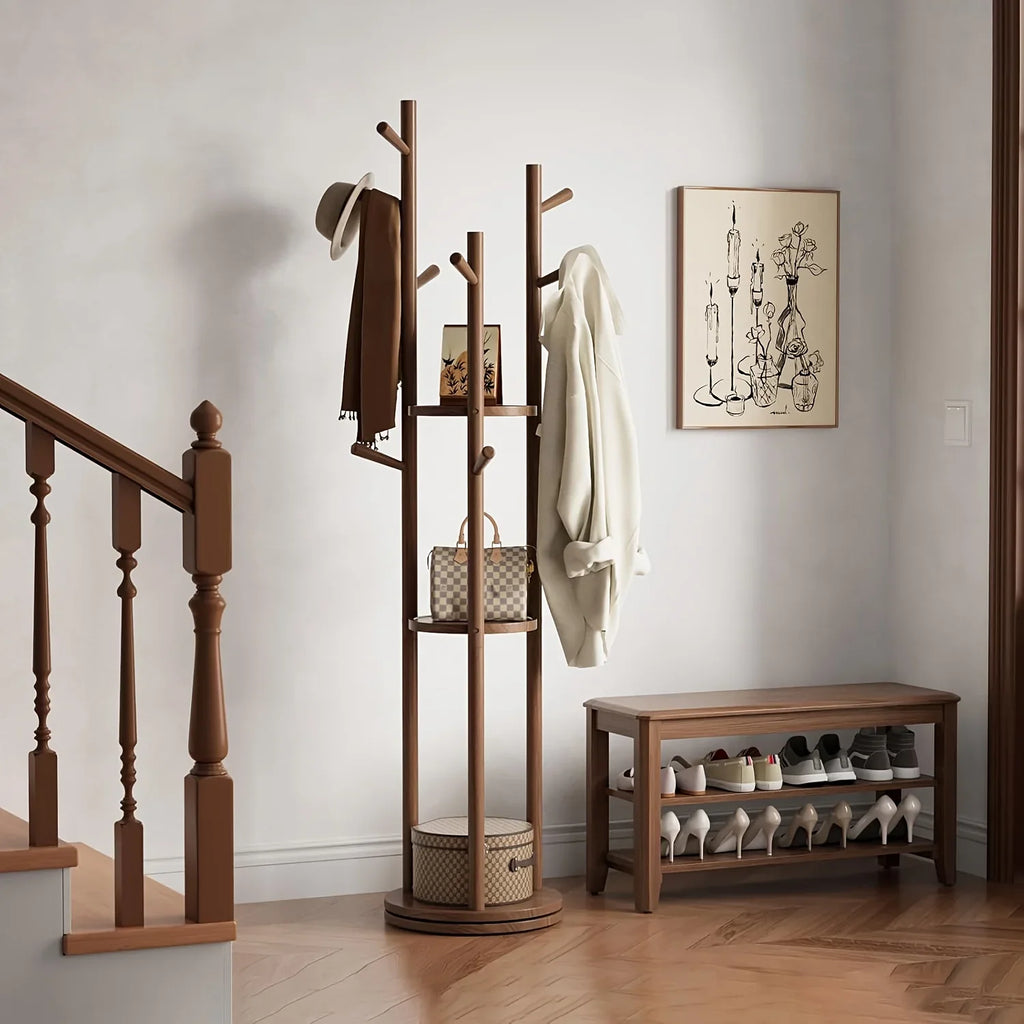 Heavy-Duty Freestanding Clothes Rack with 3-Tier Shelves & 9 Hooks - No Assembly Needed, Space-Saving Organizer Stand for Entryway, Bedroom, Office - Sturdy Hardwood Construction, Modern Minimalist Design for Coats, Hats, Bag House Of Avana