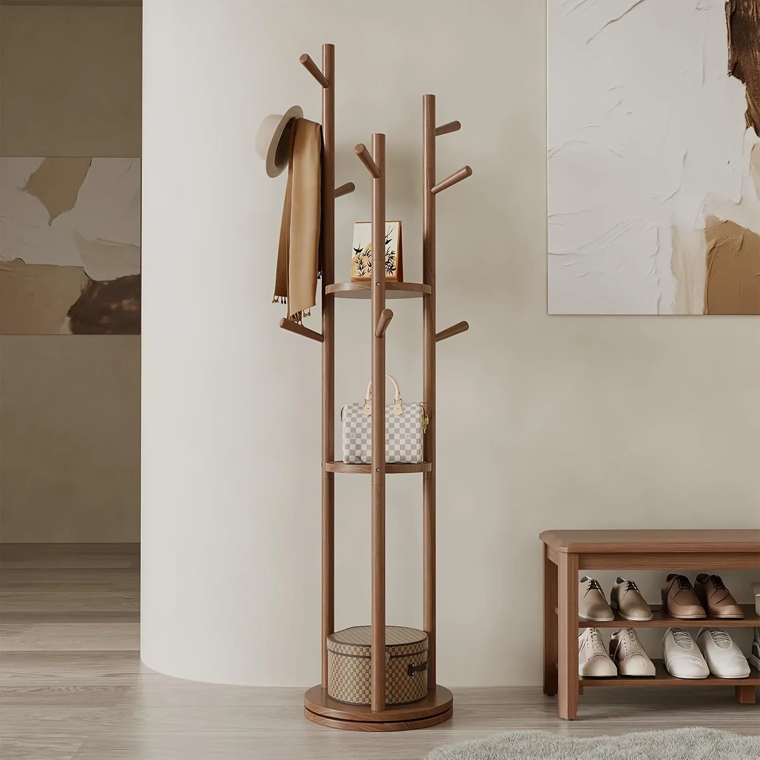 Heavy-Duty Freestanding Clothes Rack with 3-Tier Shelves & 9 Hooks - No Assembly Needed, Space-Saving Organizer Stand for Entryway, Bedroom, Office - Sturdy Hardwood Construction, Modern Minimalist Design for Coats, Hats, Bag House Of Avana