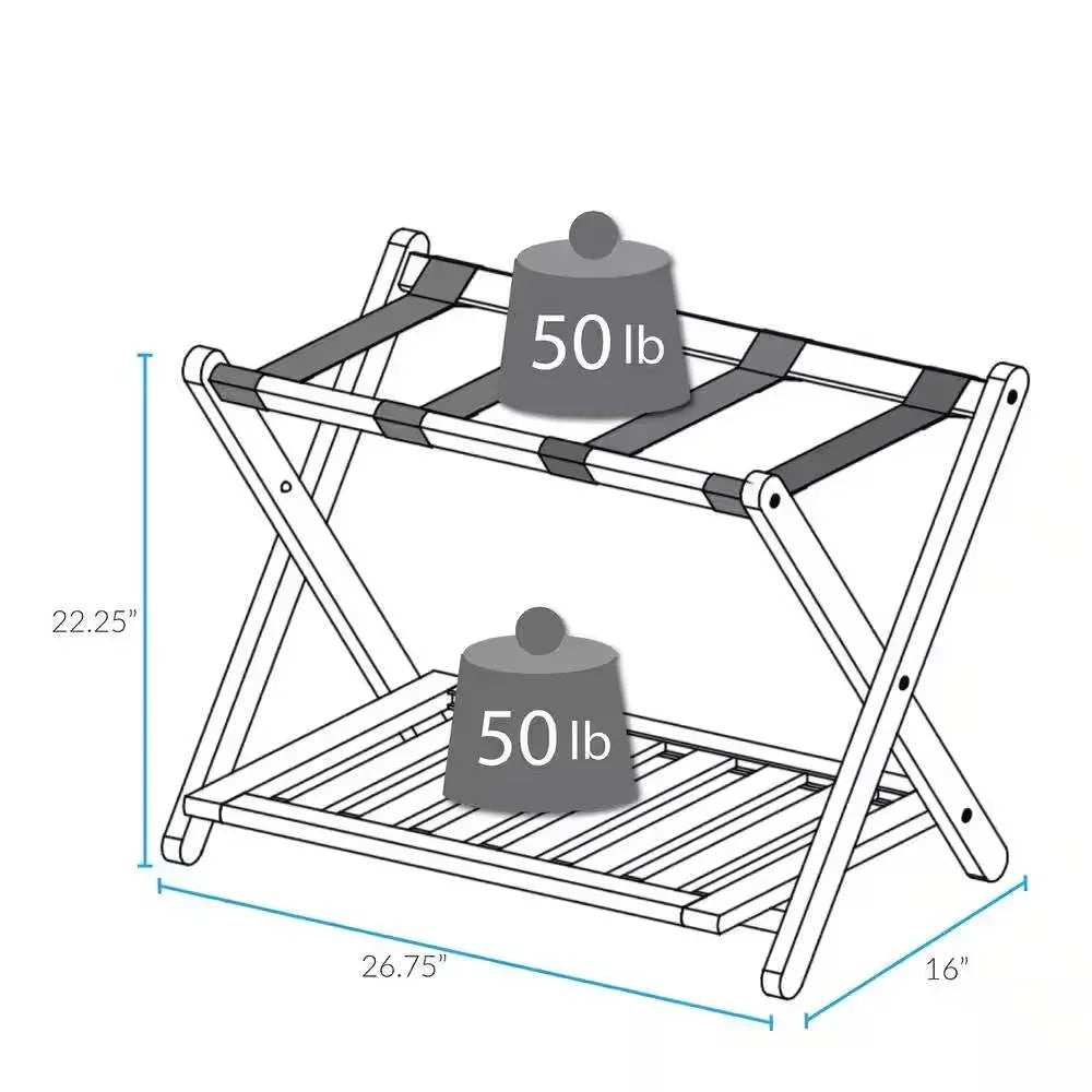Heavy Duty Solid Wood Luggage Rack with Bottom Storage Shelf in Dark Brown