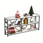 70.9" Extra Long Industrial Console Table, 3-Tier Rustic Metal & Wooden Display Rack, Heavy Duty Storage Shelves with Built-In Outlets, Vintage Entryway or Office Table, 54.3 lbs, Marble White or Rustic Finish, Entryway Furni House Of Avana