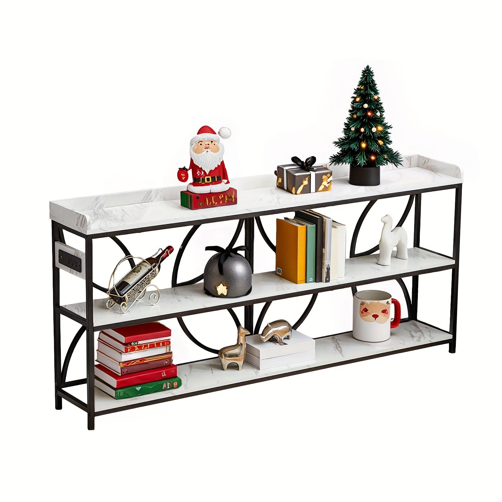 70.9" Extra Long Industrial Console Table, 3-Tier Rustic Metal & Wooden Display Rack, Heavy Duty Storage Shelves with Built-In Outlets, Vintage Entryway or Office Table, 54.3 lbs, Marble White or Rustic Finish, Entryway Furni House Of Avana