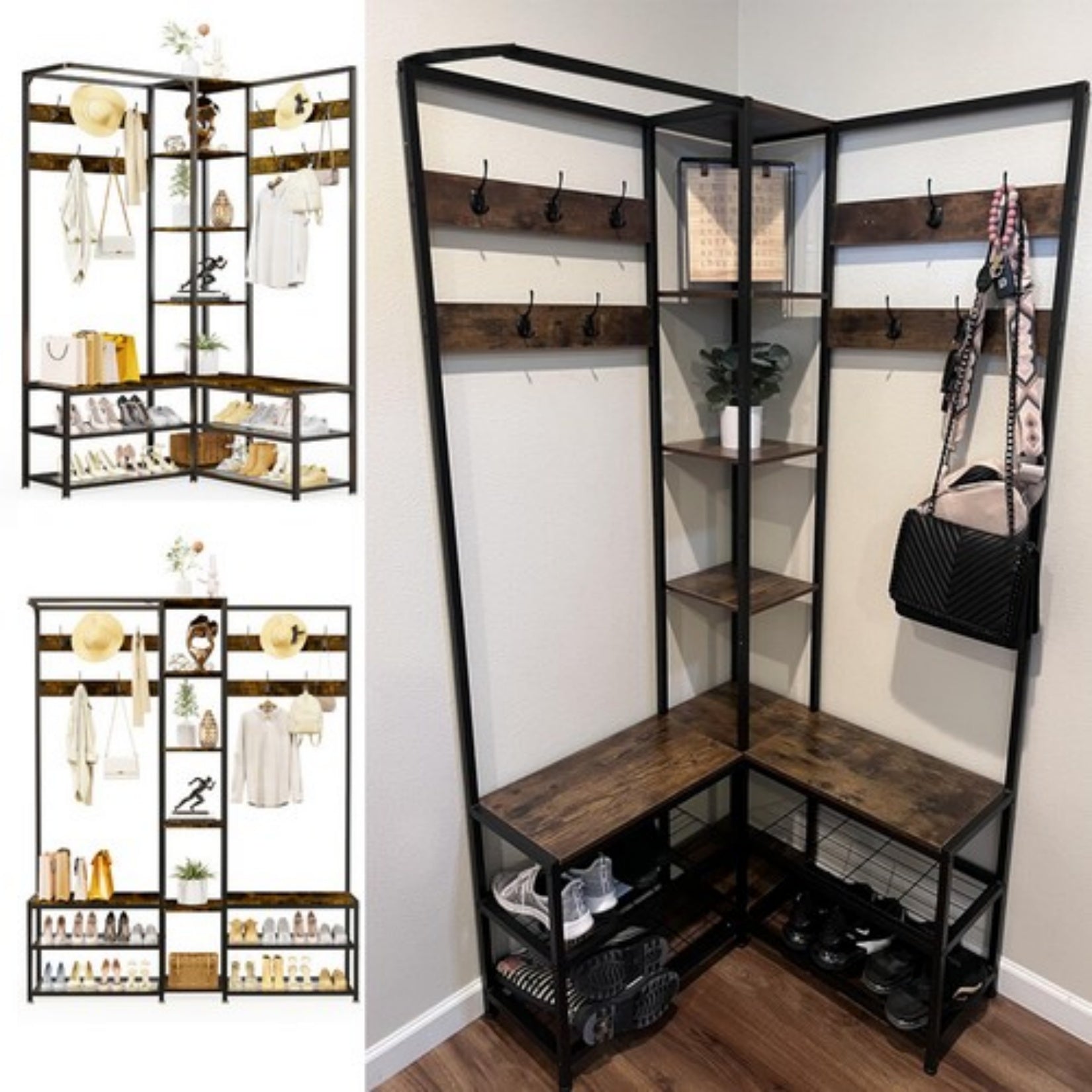 178.5cm H Coat Rack Shoe Bench: Industrial Corner Coat Stand with Shoe Rack Storage Bench for Entryway, Coat Rack Stand with 10 Hooks for Living Room, Bedroom, Rustic Brown House Of Avana