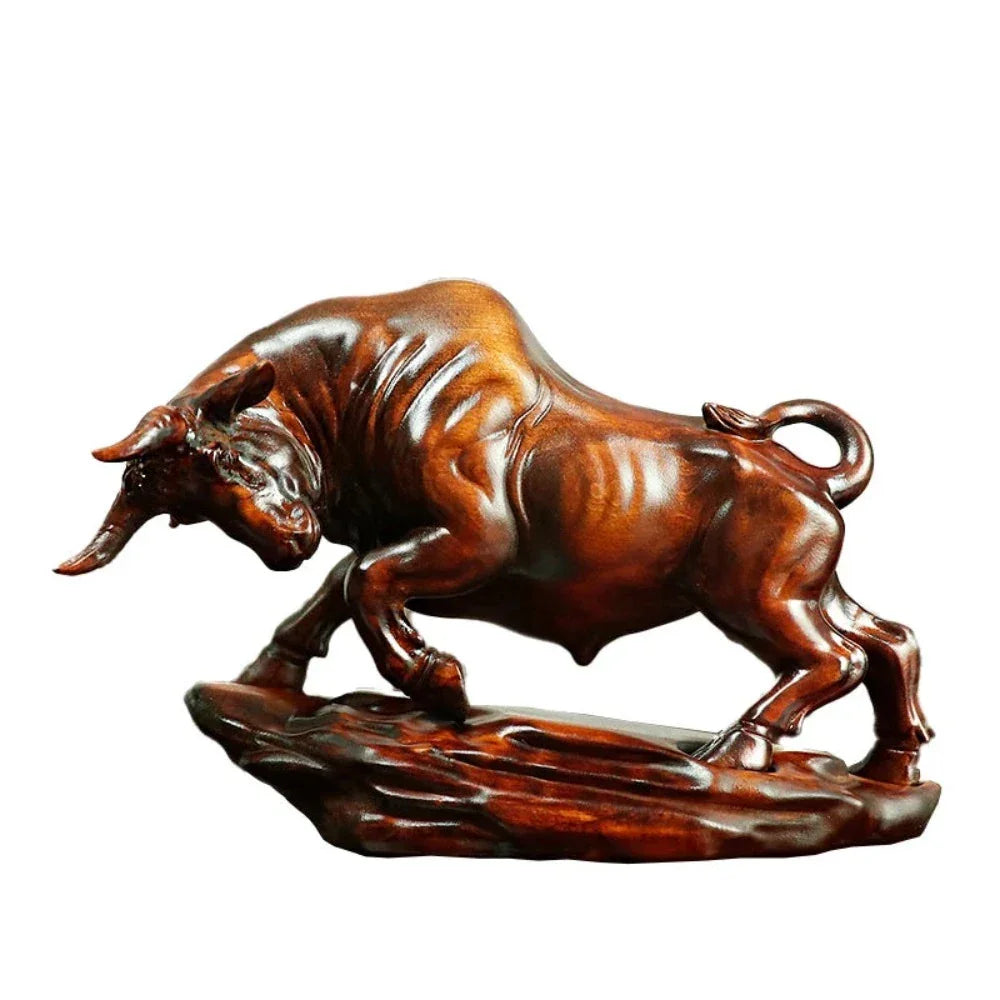 Charging Bull Figurine Boxwood Decorative Hand Carved Art - House Of Avana