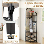ERGOMASTER 4-in-1 Entryway Organizer: 180cm Tall Corner Coat Rack with Shoe Bench, 2-Tier Mesh Shoe Storage & 6 Removable Hooks - Space-Saving Hall Tree for Home or Retail Stores, Rustic Brown (Engineered Wood & Metal), Powde House Of Avana