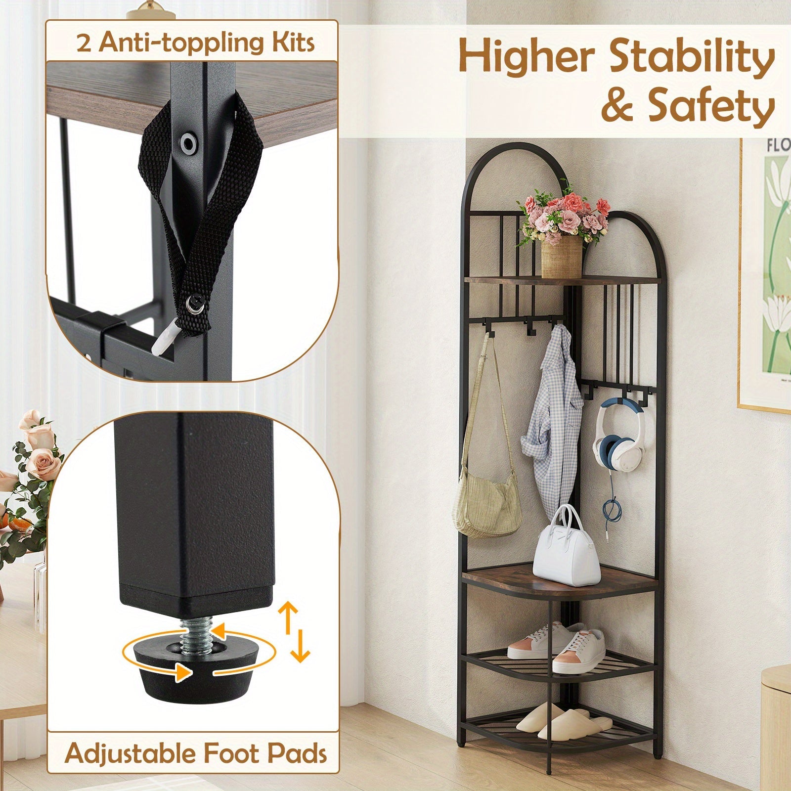 ERGOMASTER 4-in-1 Entryway Organizer: 180cm Tall Corner Coat Rack with Shoe Bench, 2-Tier Mesh Shoe Storage & 6 Removable Hooks - Space-Saving Hall Tree for Home or Retail Stores, Rustic Brown (Engineered Wood & Metal), Powde House Of Avana