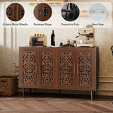 Wooden cabinet with decorative carvings on doors, featuring close-ups of hardware components.