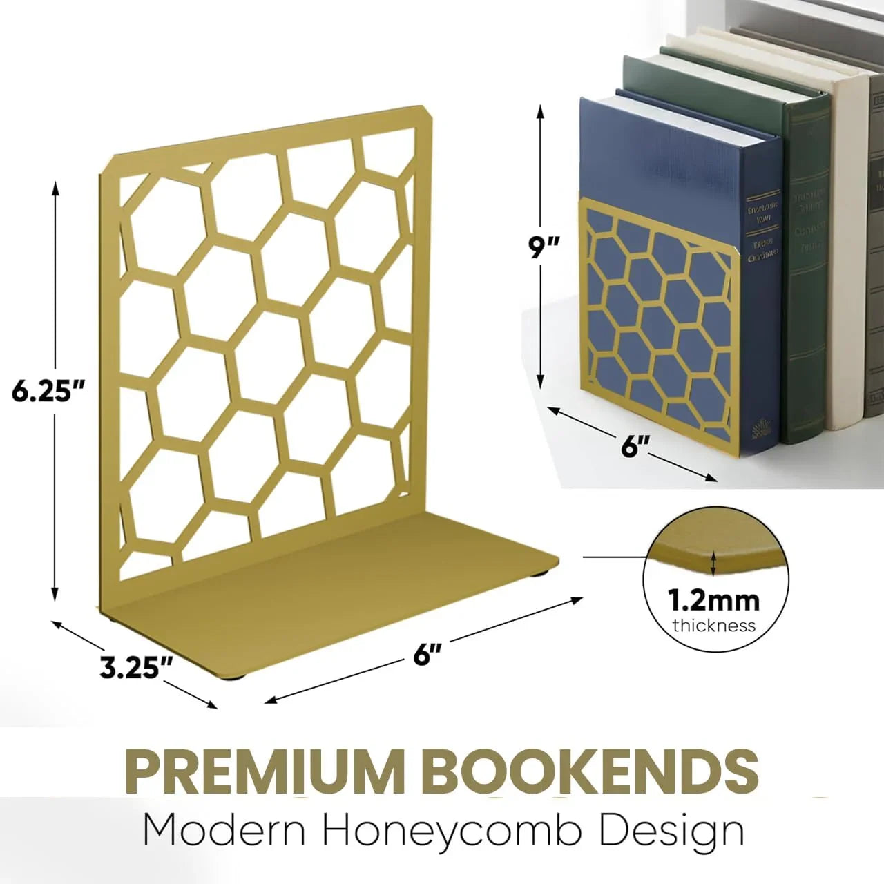 Honeycomb Metal Bookend – Modern Geometric Book Holder Geomod