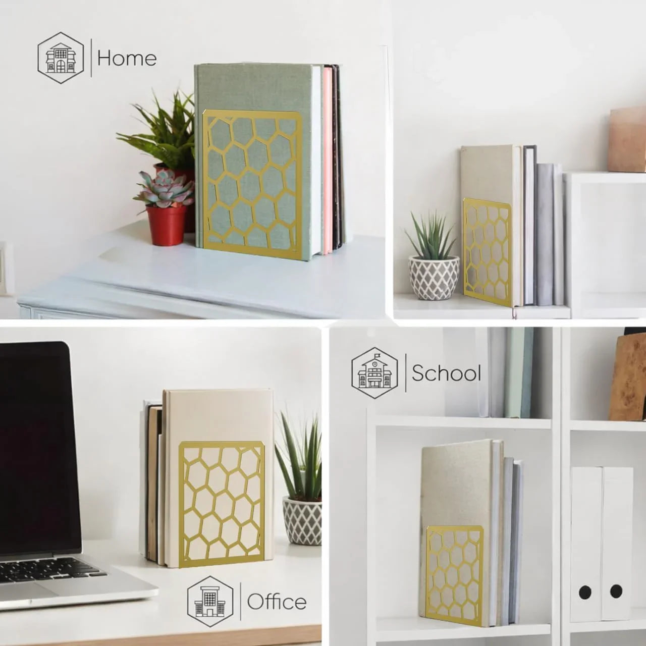 Honeycomb Metal Bookend – Modern Geometric Book Holder Geomod