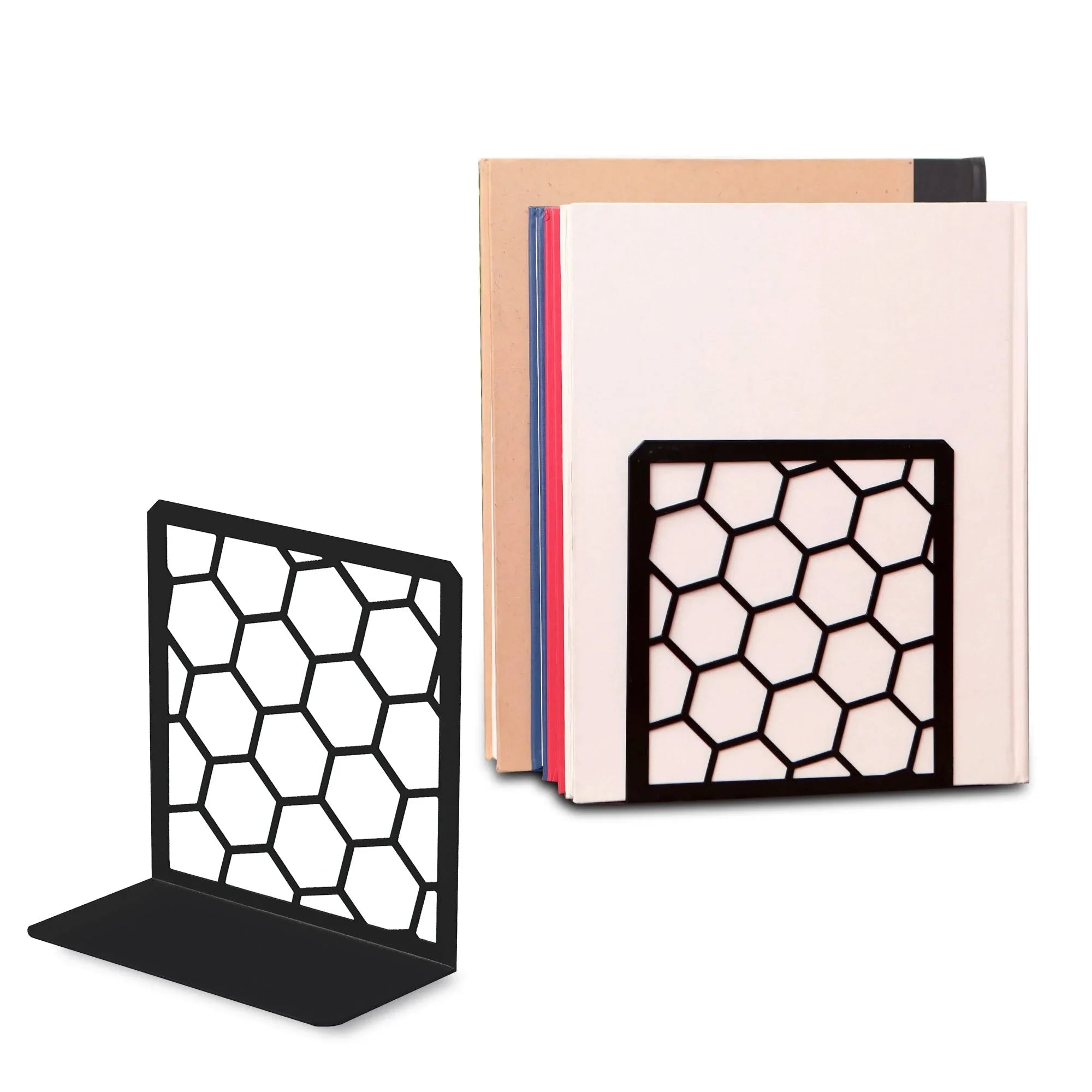 Honeycomb Metal Bookend – Modern Geometric Book Holder Geomod