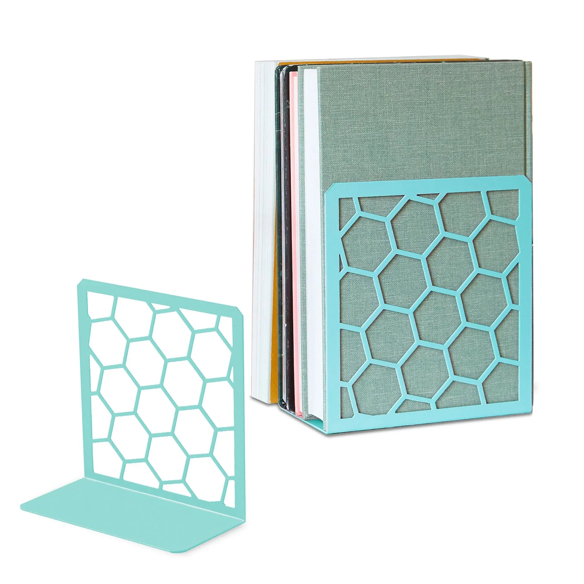 Honeycomb Metal Bookend – Modern Geometric Book Holder Geomod