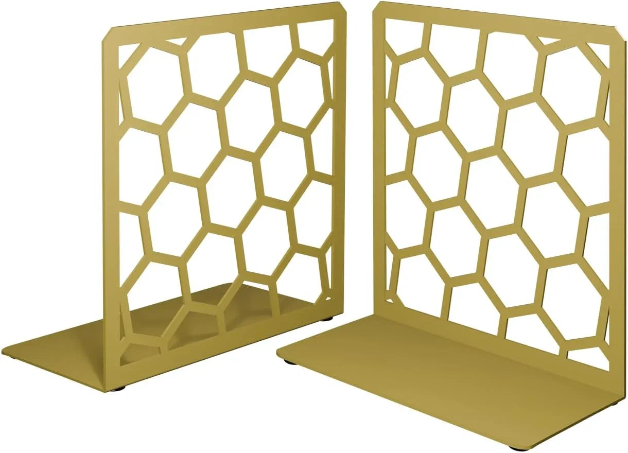 Honeycomb Metal Bookend – Modern Geometric Book Holder Geomod