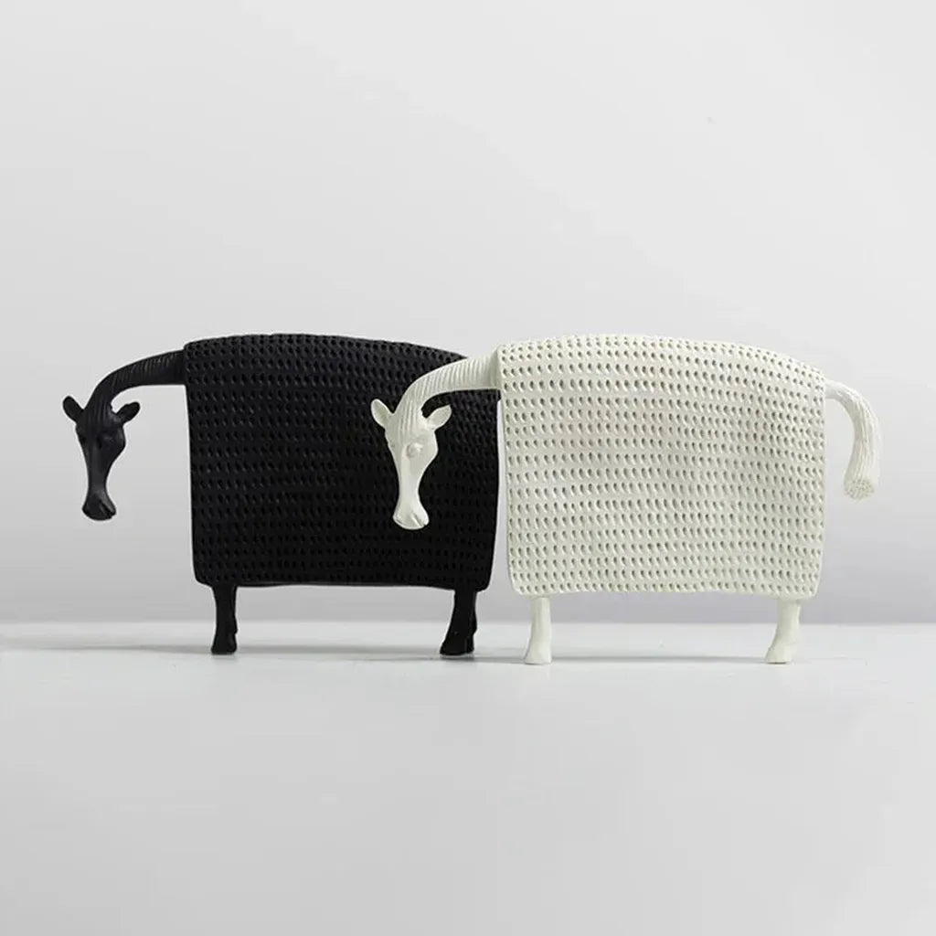 Black and white resin horse figurine elegant ceramic with textured woven body patterns for decorative display