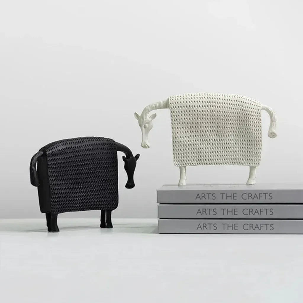 White resin sheep figurine with textured knit pattern complementing an elegant ceramic horse figurine display