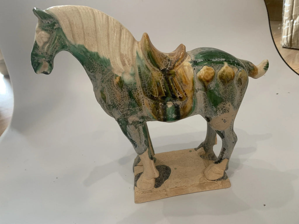 Vintage Figurine - Green Glazed Ceramic Statue, angled view - House Of Avana
