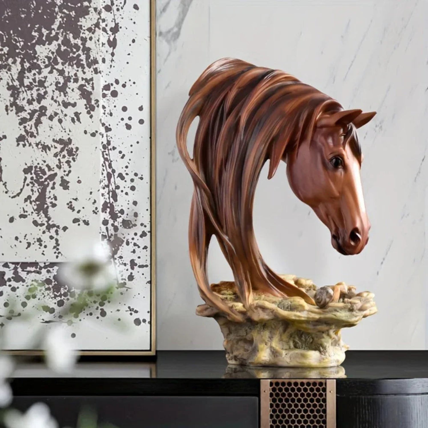 Resin Horse Head Figurine Sculpture with Intricate Details, dimensions view - House Of Avana