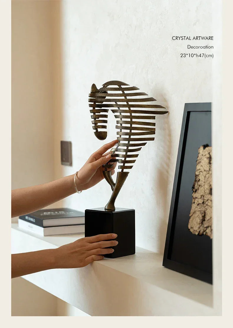 Horse Head Sculpture - Geometric Metal | Mixed (Metal and Marble) Horse Sculpture | scale view | Abstract home decor | House of Avana