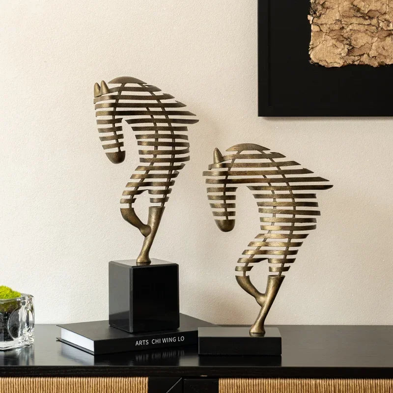Horse Head Sculpture - Geometric Metal | Mixed (Metal and Marble) Horse Sculpture | front view | Abstract home decor | House of Avana