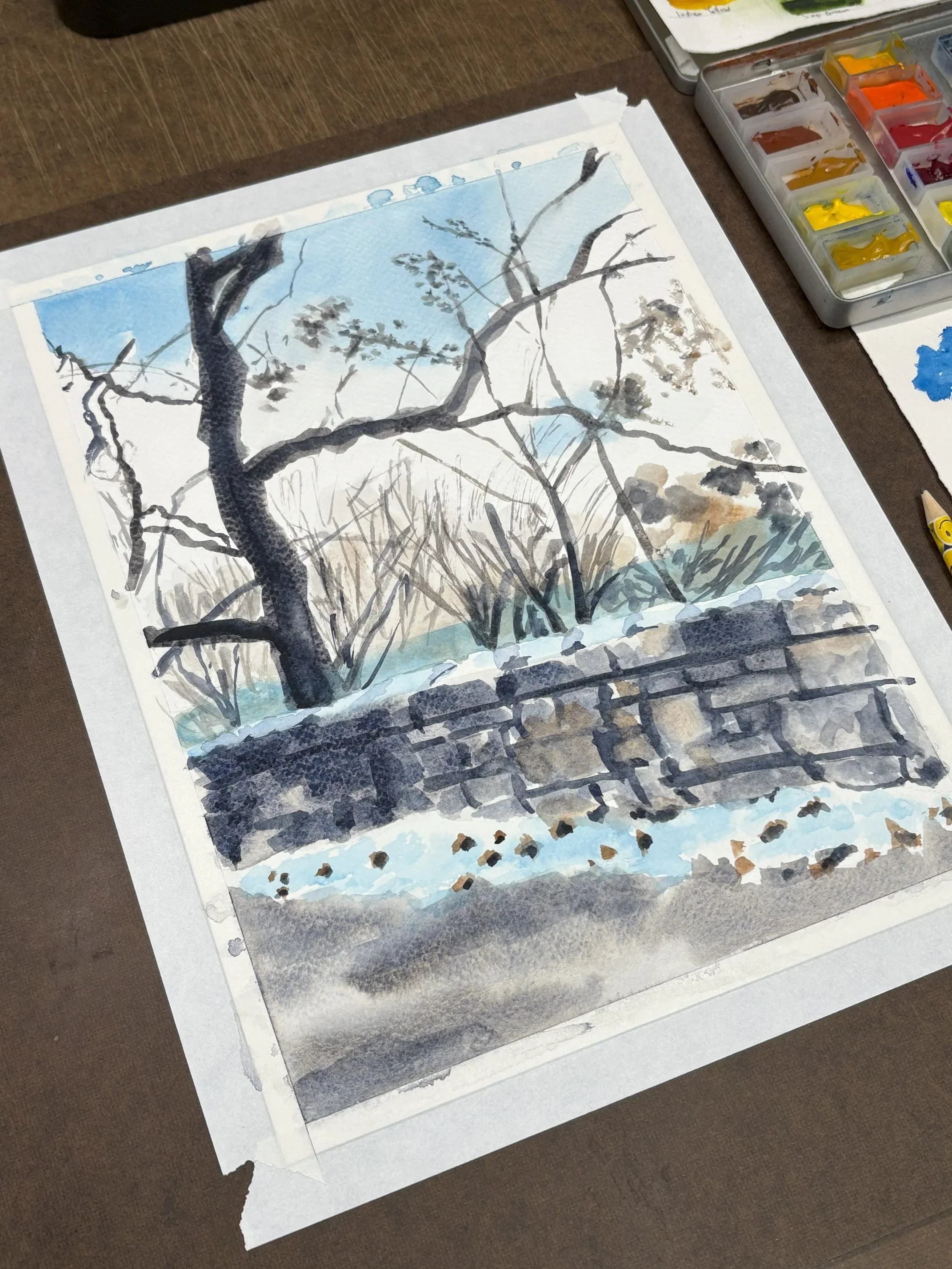 Snowy Path in Fort Tryon Park, NYC, watercolor painting