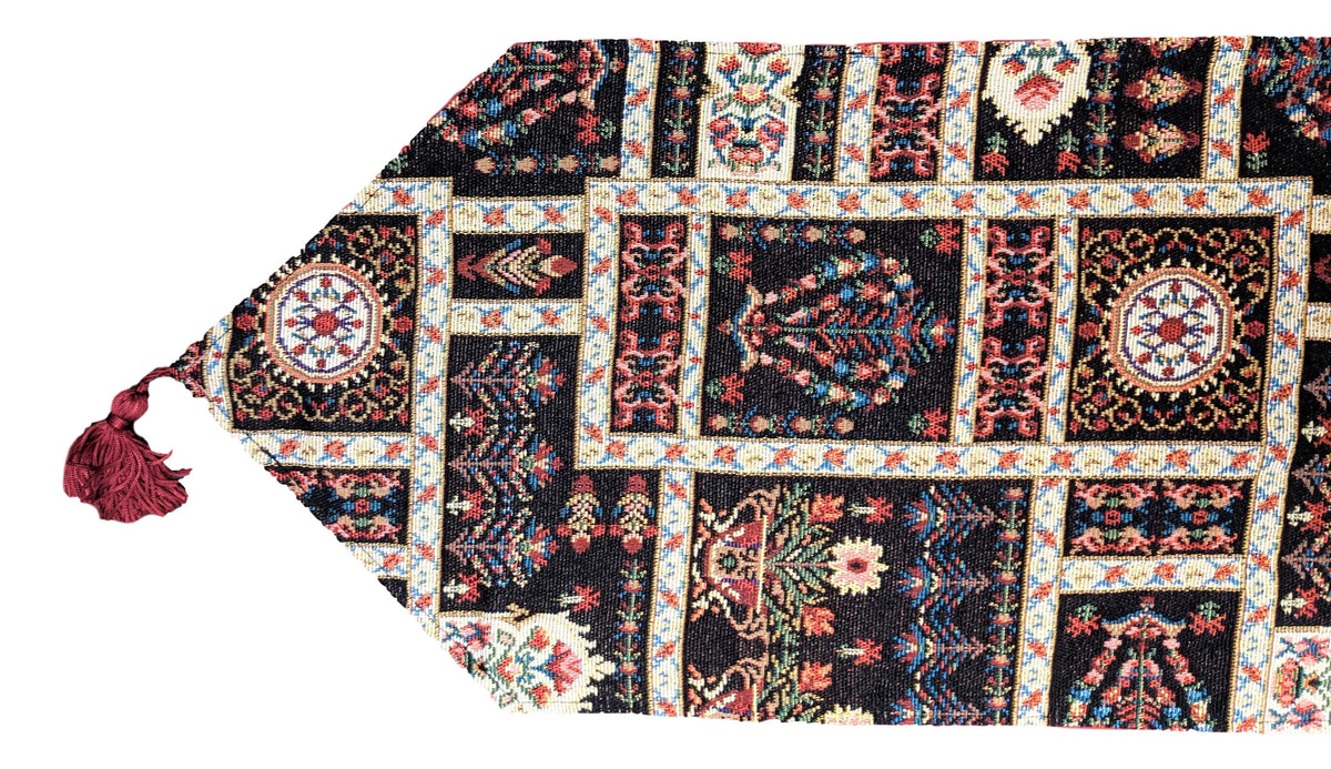 DaDalogy Bedding Elegant Woven Mughal Floral Tapestry Table Runner, Dark Noir Botanical Vintage Fleur (18197)
