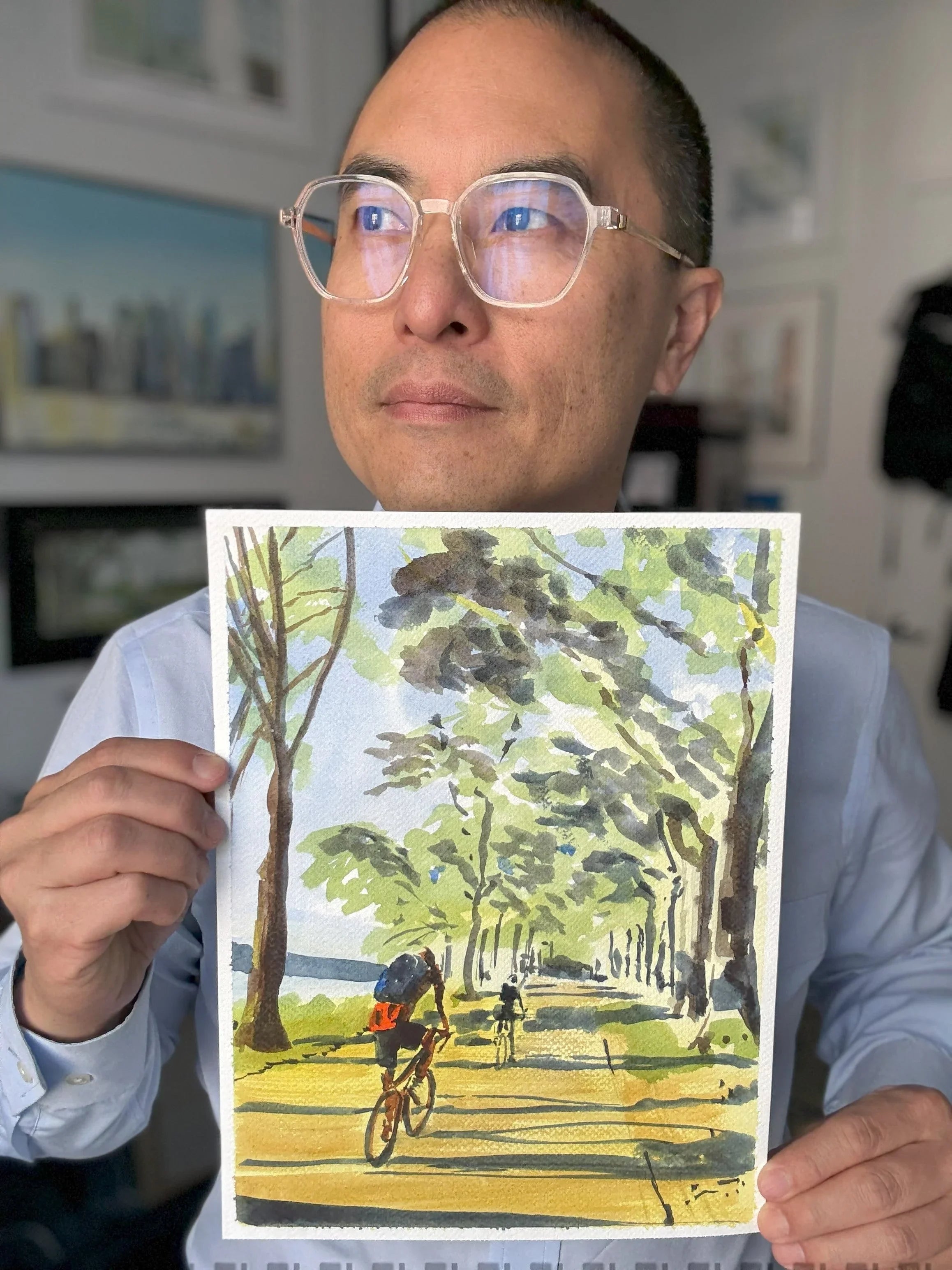 Biking in the Light, Hudson River, bikers, watercolor painting