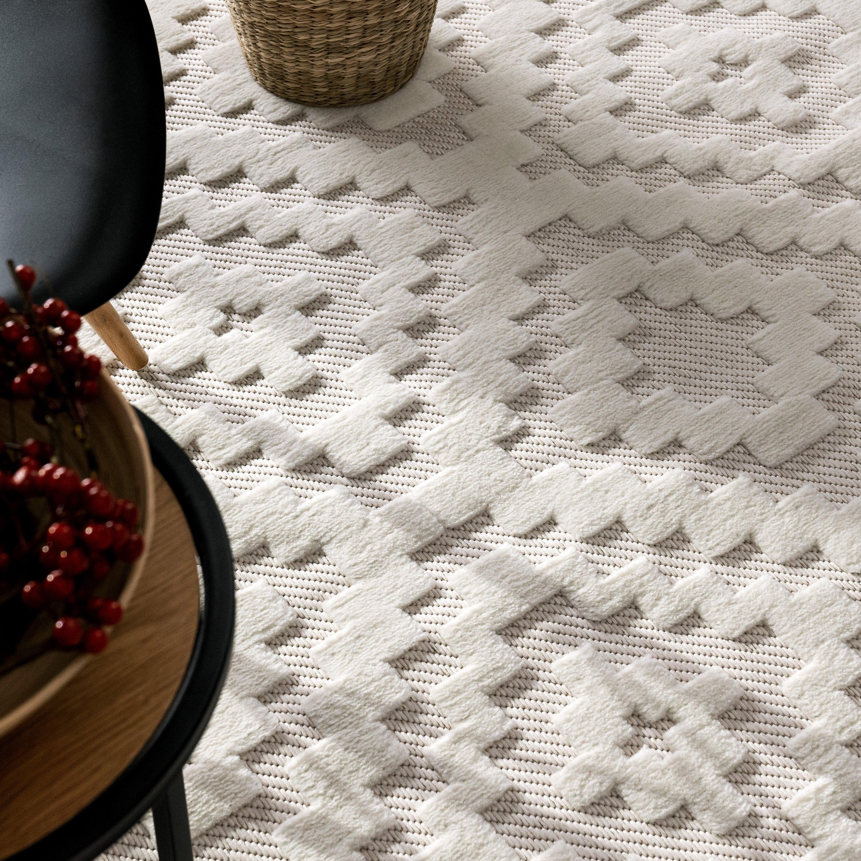 Indoor Outdoor Rug Livorno Trellis High-Low Pattern In Cream RugYourHome