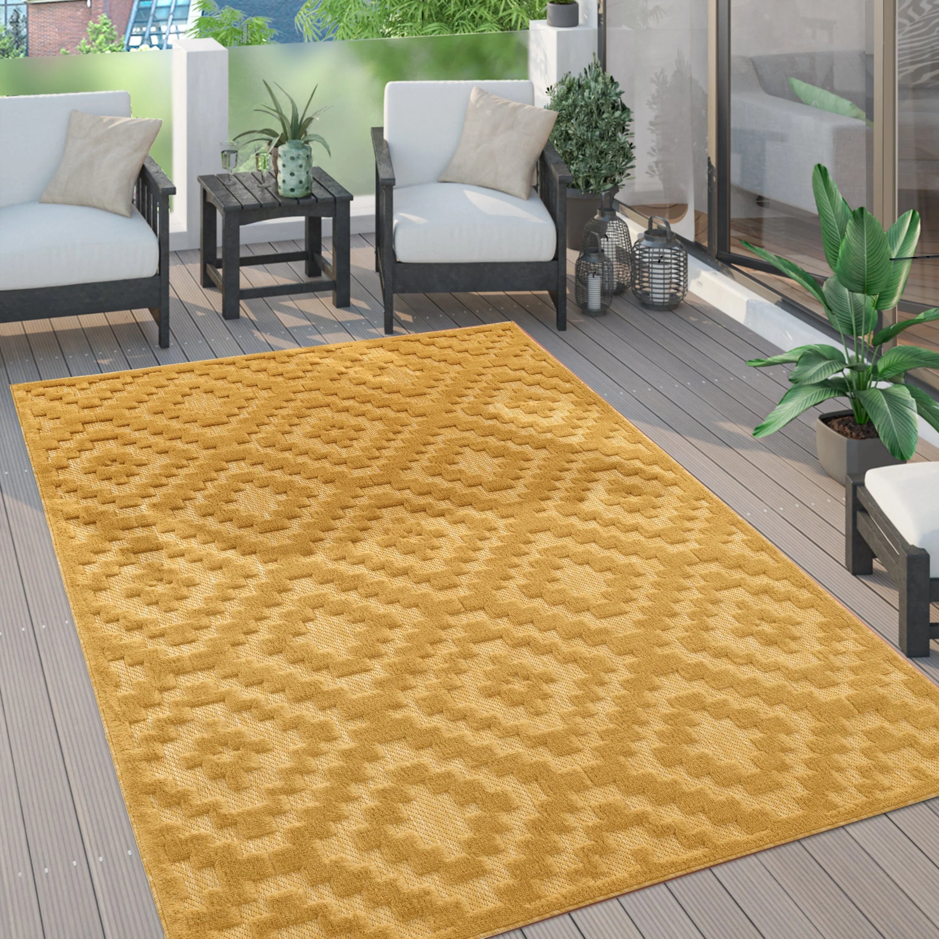 Indoor Outdoor Rug Livorno Trellis High-low Pattern in Yellow, front view - House Of Avana