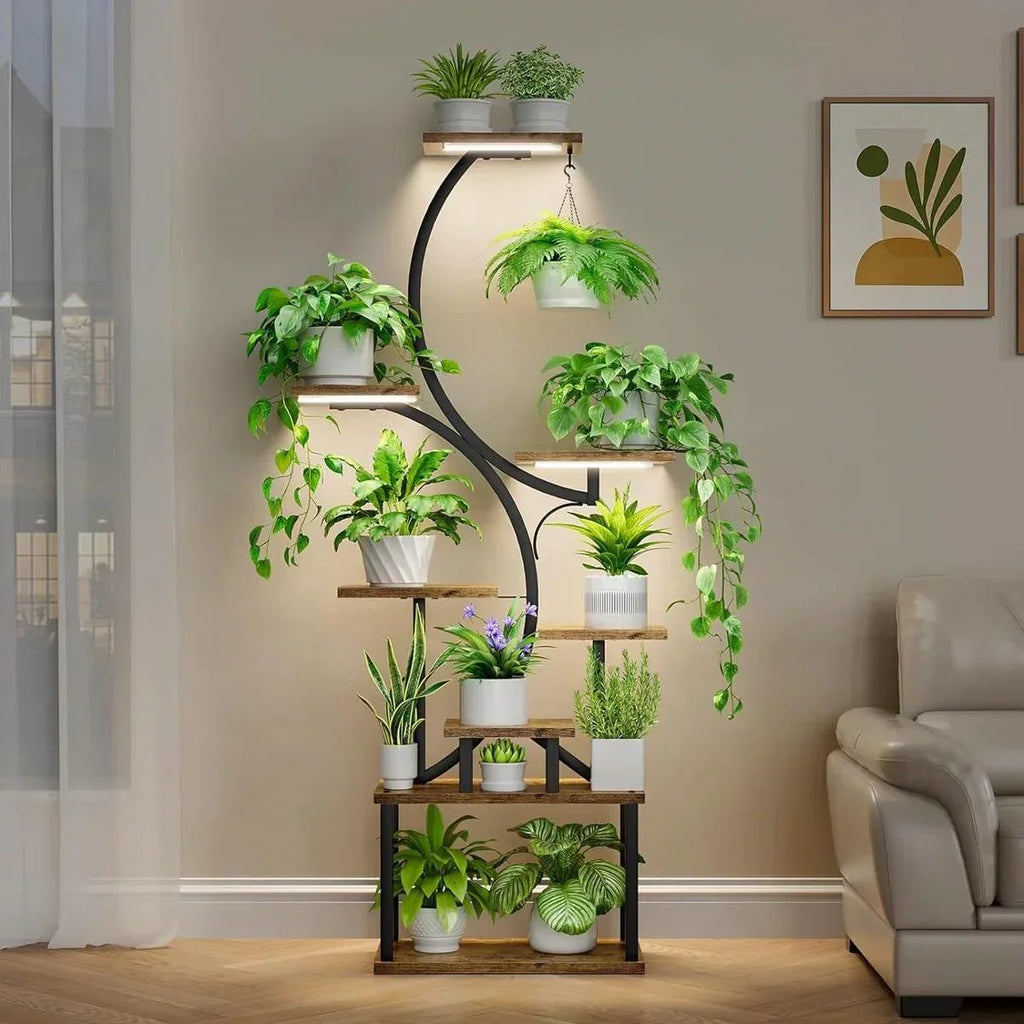 Indoor Plant Stand with Black Metal Frame and Wood Finish Shelves