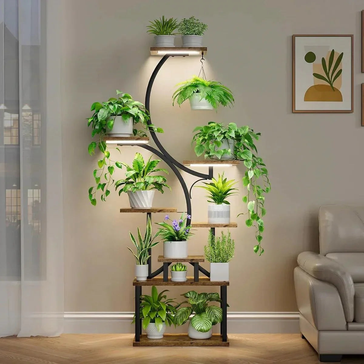 Indoor Plant Stand with Black Metal Frame and Wood Finish Shelves