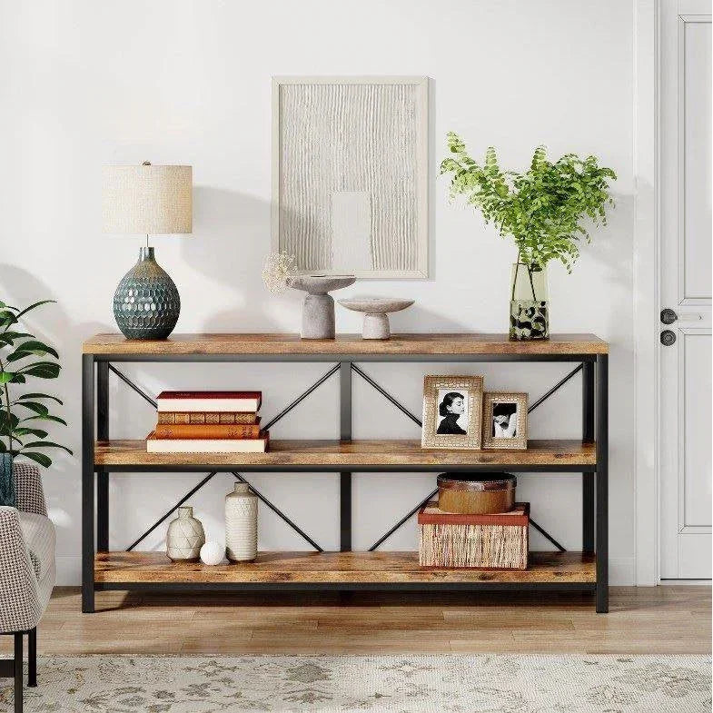 Industrial 55-inch Wood Shelf Console Sofa Table with Sturdy Black Metal Frame