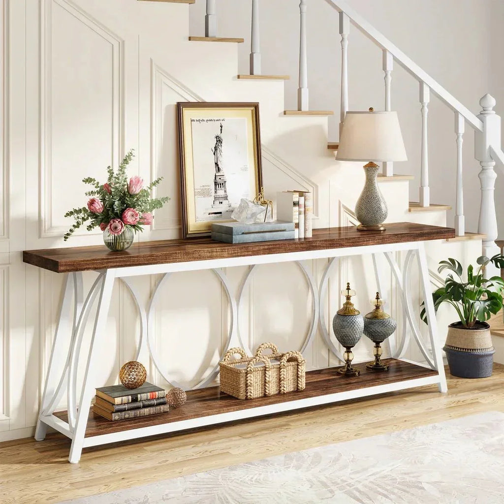 Industrial 70-inch Brown Wood Top Sofa Table with Heavy Duty White Metal Frame