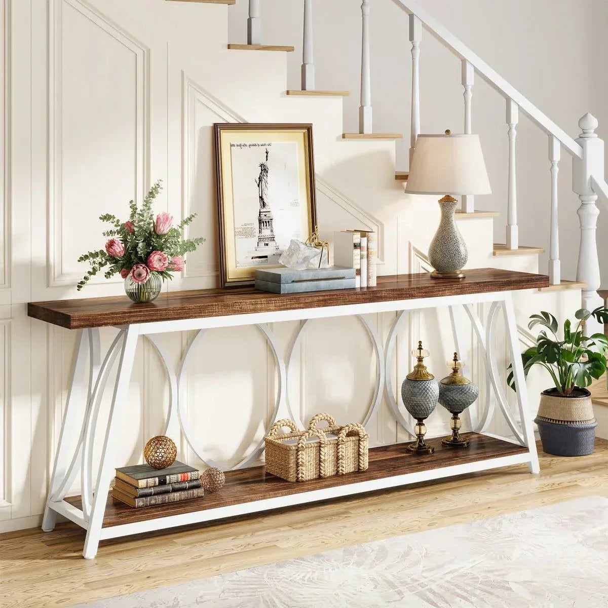 Industrial 70-inch Brown Wood Top Sofa Table with Heavy Duty White Metal Frame