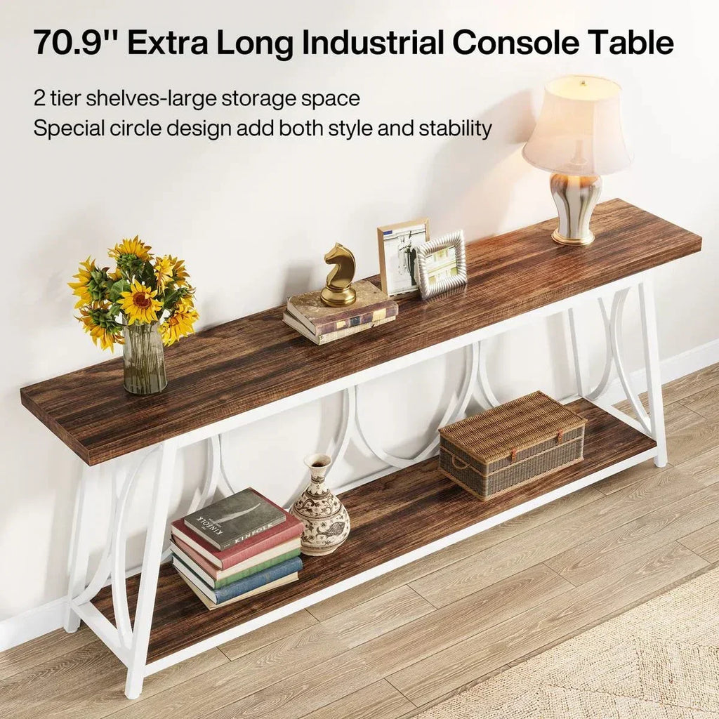 Industrial 70-inch Brown Wood Top Sofa Table with Heavy Duty White Metal Frame