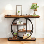 [Industrial Console Table] Industrial Style 41.3" Console Table | 4-Tier Sofa Table With Round Base & Storage Shelves For Living Room, Hallway, Foyer - Rustic Brown House Of Avana