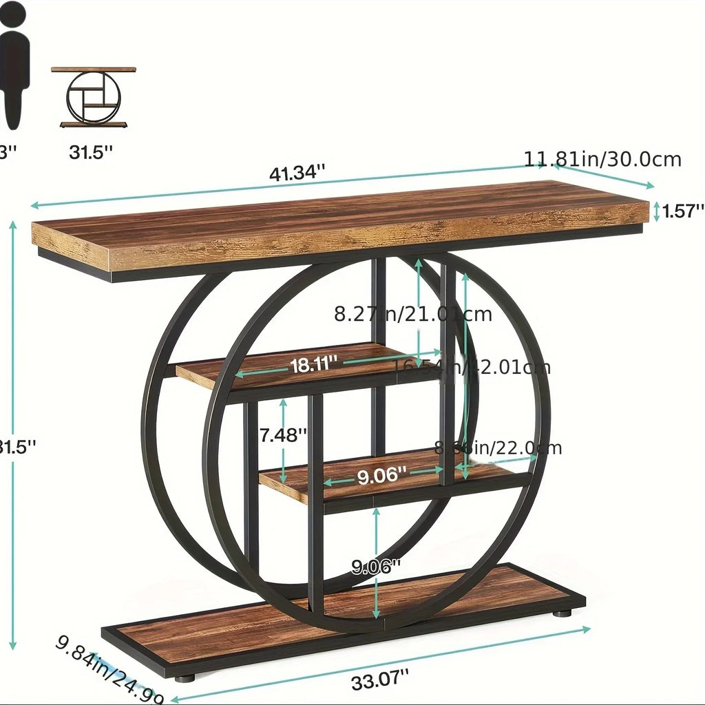[Industrial Console Table] Industrial Style 41.3" Console Table | 4-Tier Sofa Table With Round Base & Storage Shelves For Living Room, Hallway, Foyer - Rustic Brown House Of Avana