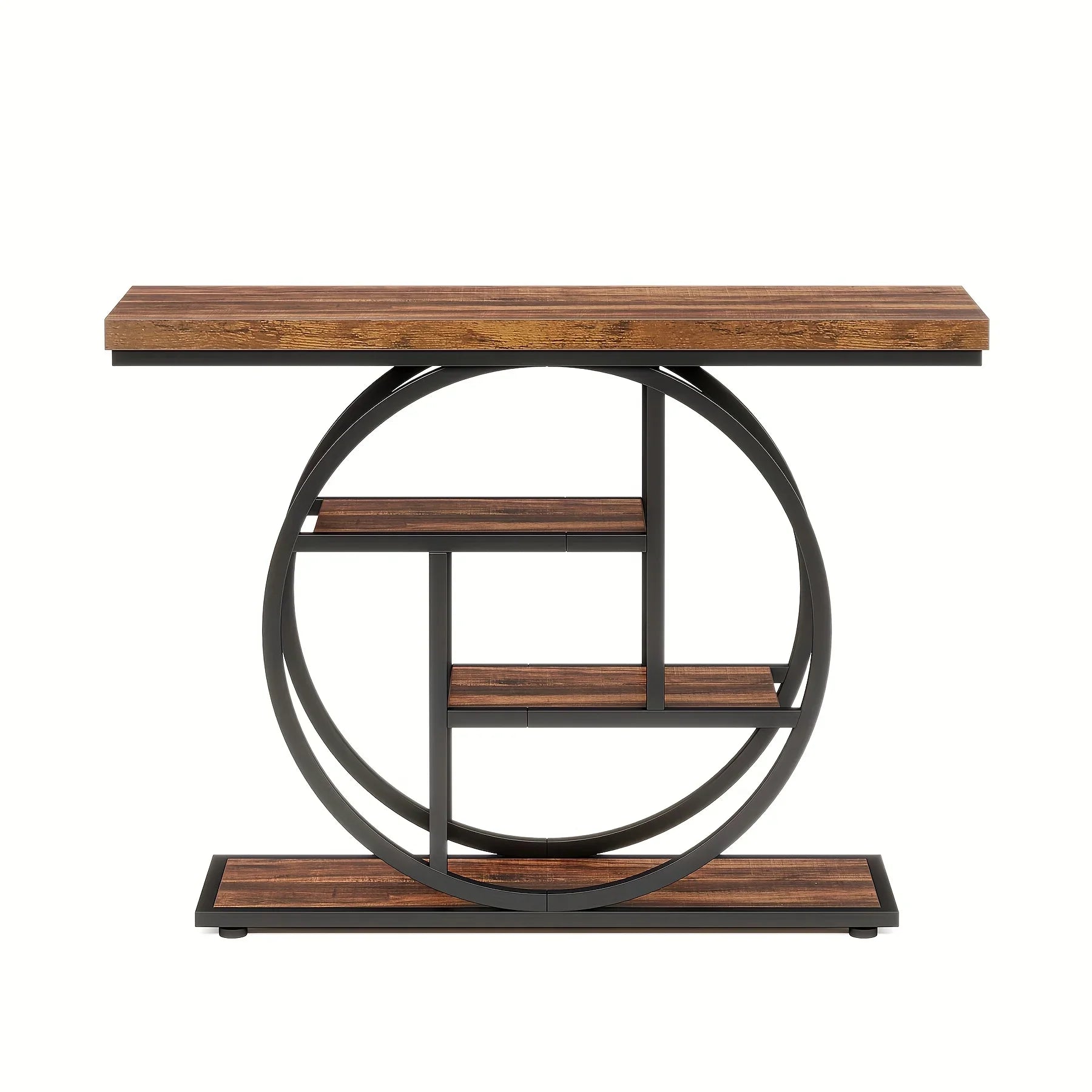 [Industrial Console Table] Industrial Style 41.3" Console Table | 4-Tier Sofa Table With Round Base & Storage Shelves For Living Room, Hallway, Foyer - Rustic Brown House Of Avana