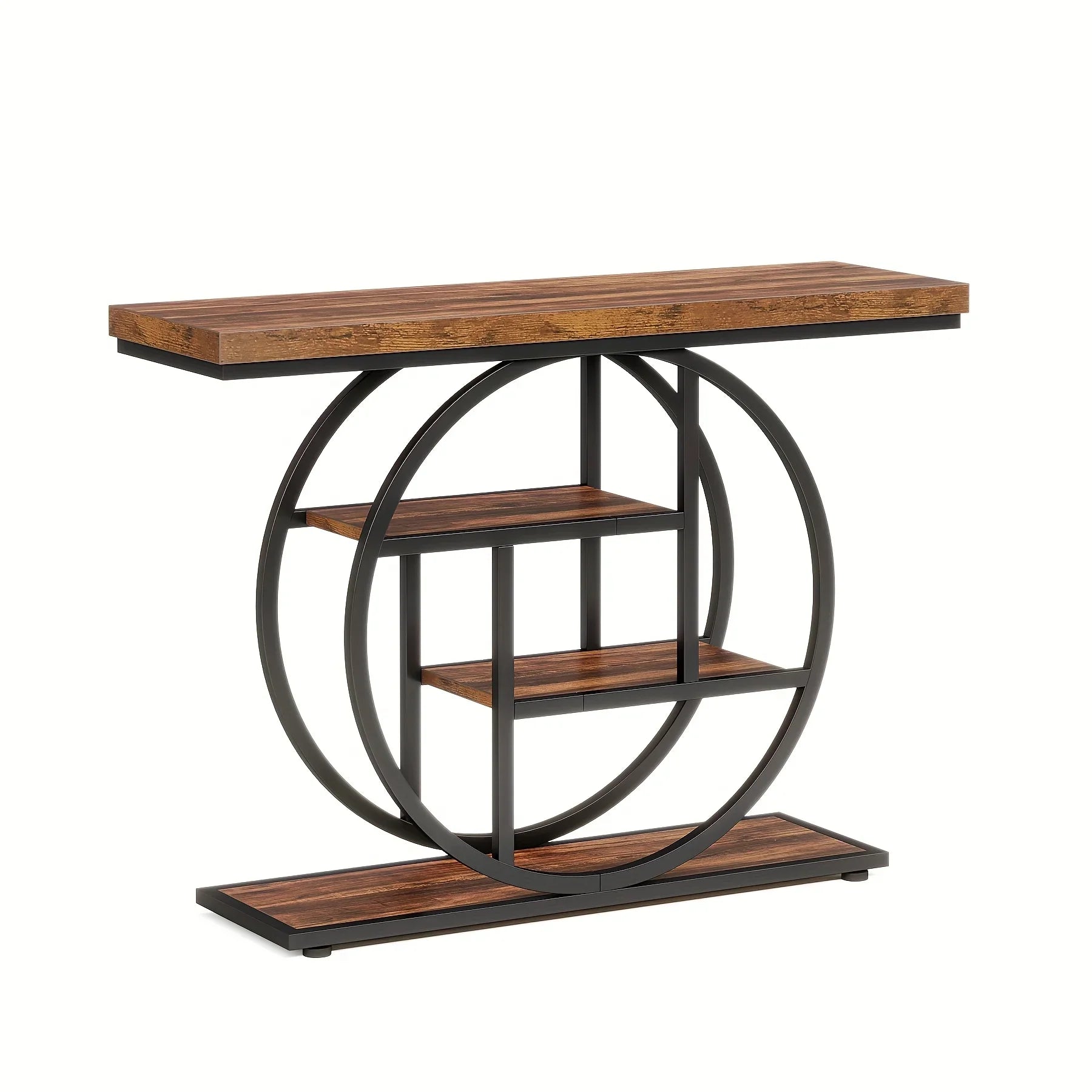 [Industrial Console Table] Industrial Style 41.3" Console Table | 4-Tier Sofa Table With Round Base & Storage Shelves For Living Room, Hallway, Foyer - Rustic Brown House Of Avana