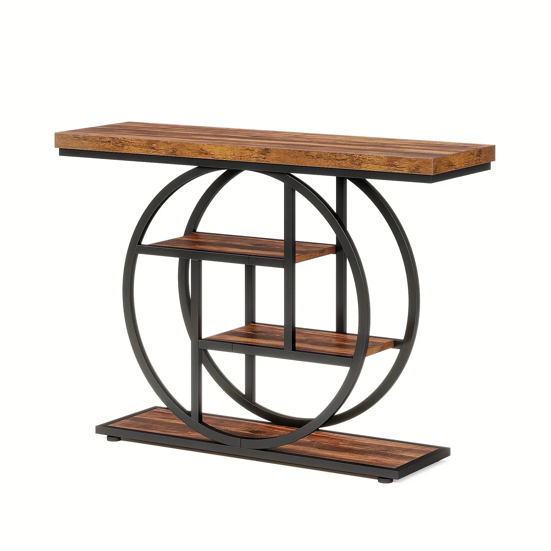 [Industrial Console Table] Industrial Style 41.3" Console Table | 4-Tier Sofa Table With Round Base & Storage Shelves For Living Room, Hallway, Foyer - Rustic Brown House Of Avana